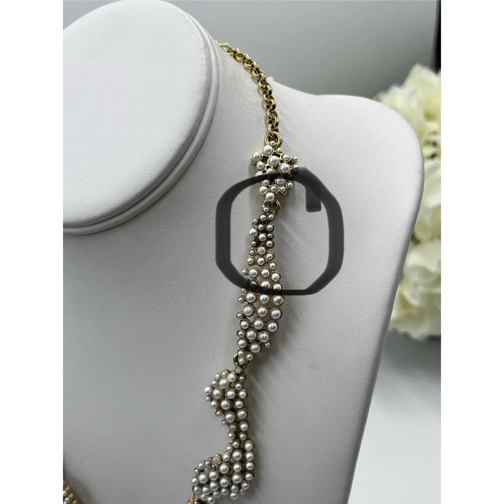 Oscar de la Renta Crystal Torn Paper Pearl Glamour Antique Gold Tone Necklace - Picture 6 of 12